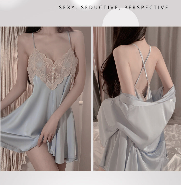 瑰若纯色蕾丝刺绣睡衣性感露背吊带睡裙系带外袍女家居服套装