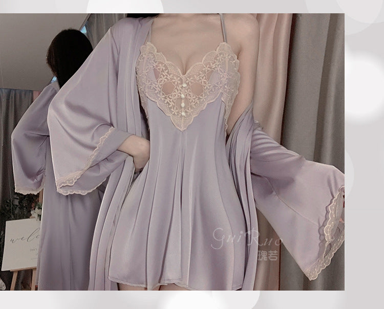 瑰若纯色蕾丝刺绣睡衣性感露背吊带睡裙